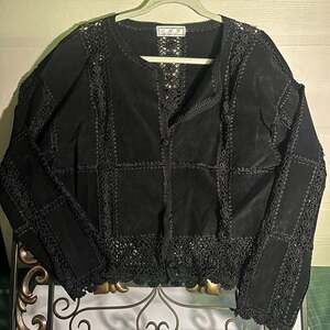 S.M.H. Boutique Vintage Black Suede Leather Patchwork Jacket with Crochet Lace T